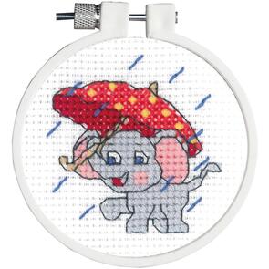 Janlynn Kid Stitch Mini Counted Cross Stitch Kit 3" Round - Rainy Day Elephant