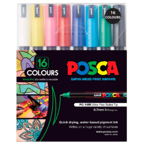 Uni Posca 0.7mm Ultra-Fine Pin Tip 16 Pack - Assorted