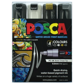 Uni Posca 8.0mm Bold Chisel 4 Pack - Black/White/Gold/Silver