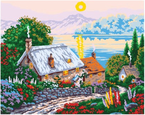 Collection D'Art Tapestry Canvas 50X60 Sunrise/Cottage/Lake
