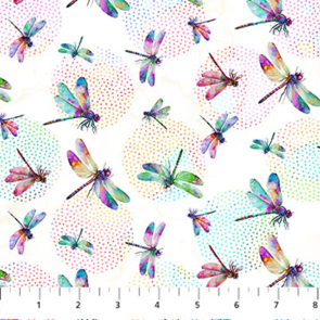 Northcott Dragonfly Dance - Dragonflies - White Multi