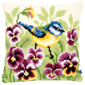 Vervaco Cross Stitch Cushion Kit - Blue tit on pansies