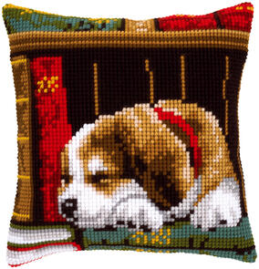 Vervaco Cross Stitch Cushion Kit - Dog sleeping on bookshelf