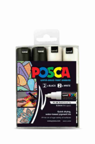 Uni Posca 8.0mm Bold Chisel 4 Pack - Black & White