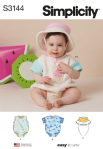 Simplicity Sewing Pattern Babies' Contrast Bodysuit and Bucket Hat S3144