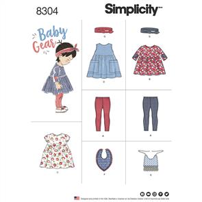 Simplicity Pattern 8304 Babies', Leggings, Top, Dress, Bibs and Headband in thress sizes S(17") M(18") L(19")