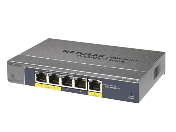 ProSafe Plus 5-port Gigabit Switch, 2 PoE Ports, and powered via PoE